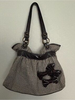 Brown and White Shoulder Bag with Bows